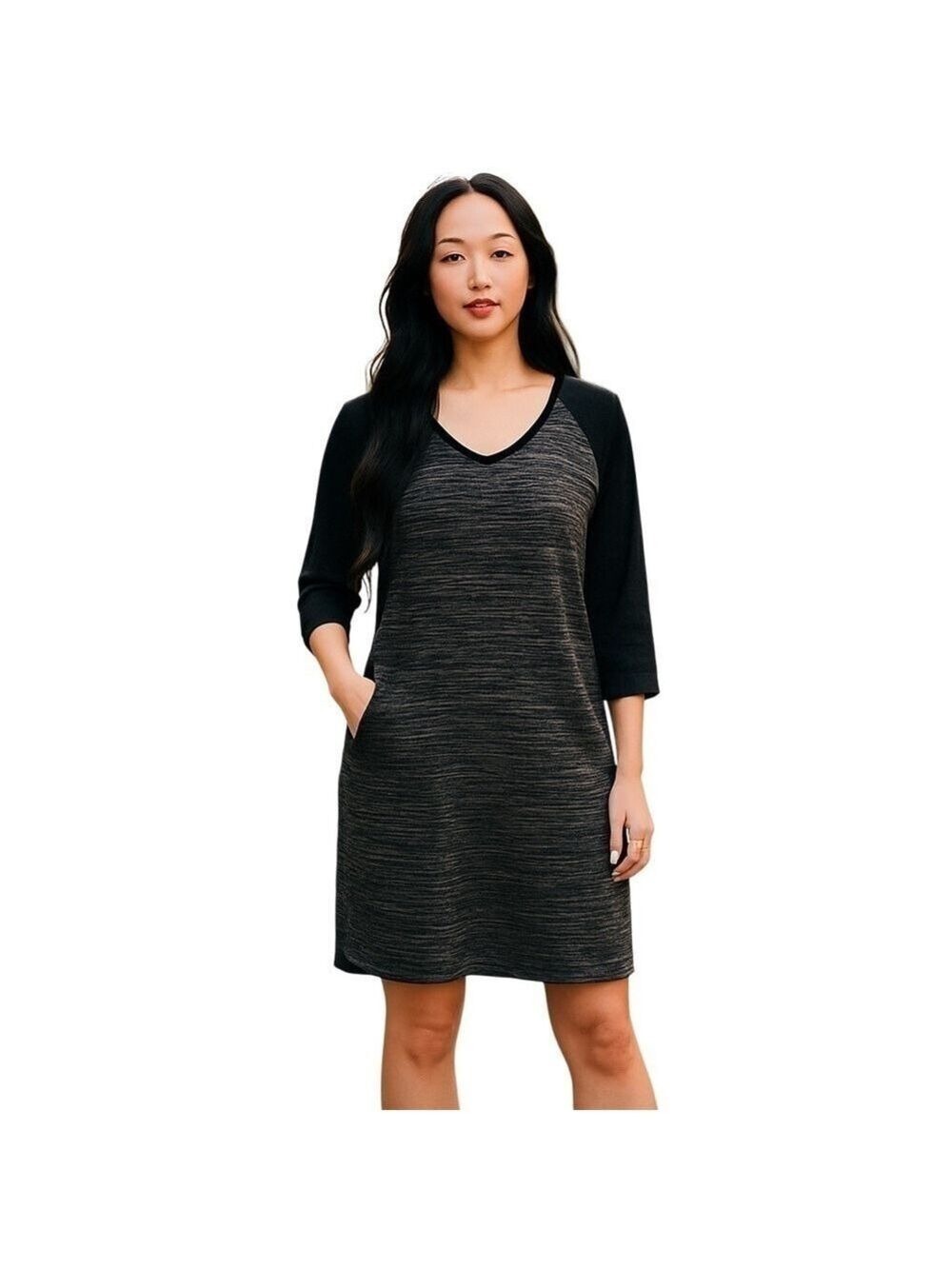 RD Style Long Sleeve Black Gray Midi Sweater Dress L